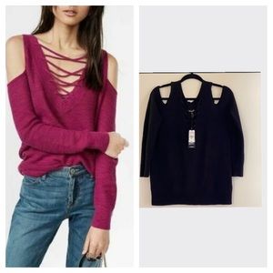 Express Reversible Lace Up/Cold Shoulder Sweater in BLACK
